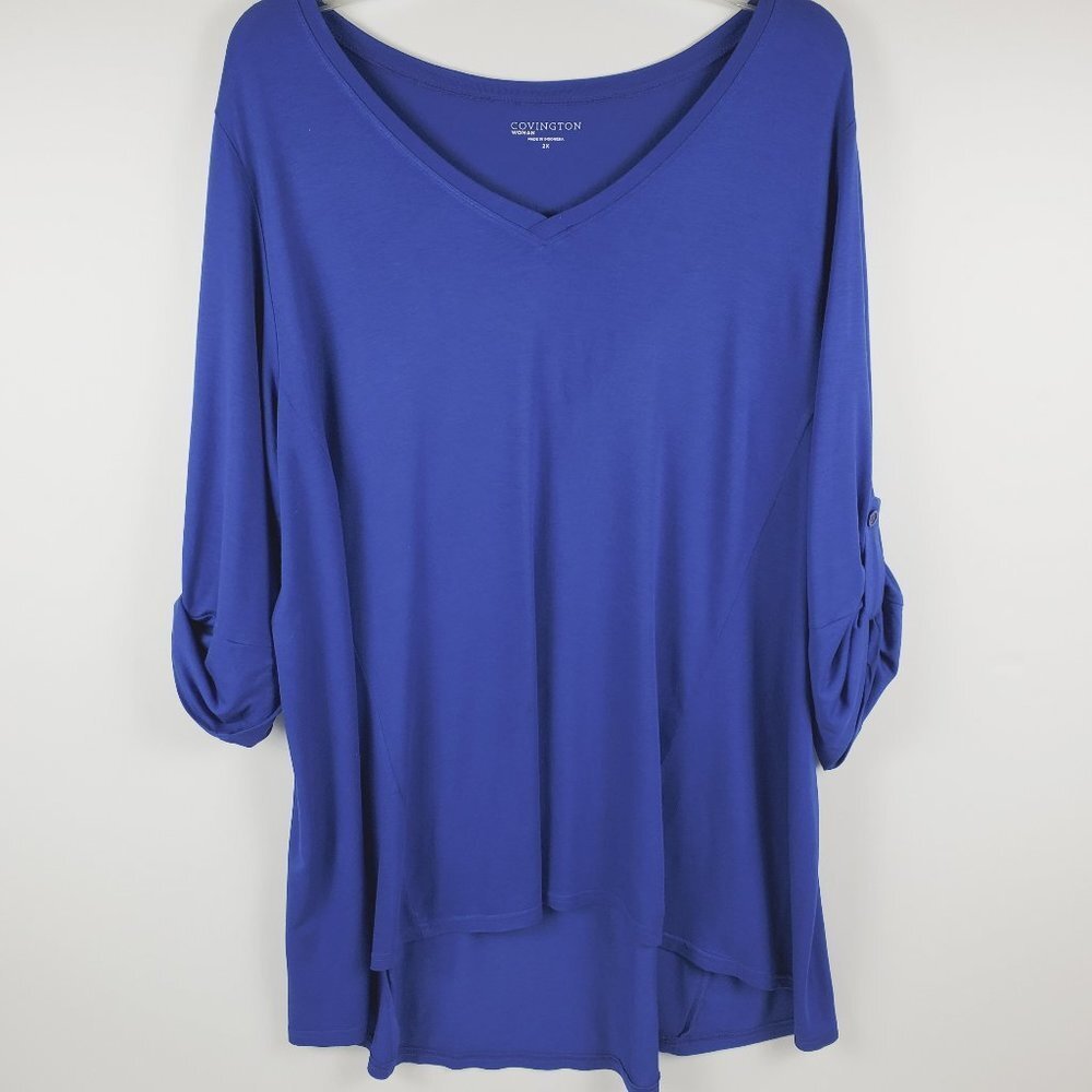 Covington Woman Cobalt Blue High-Low V-Neck 3/4 Button Strap Sleeves Sz 2X